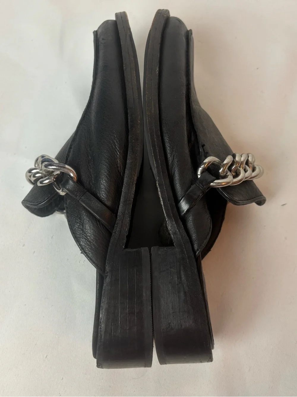 Free People Vida Mule Loafer Black Leather Silver Chain Sz 37 US 6.5-7 Low Heel